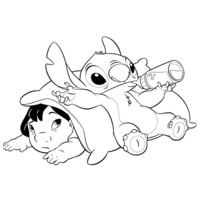 Desenho de Stitch tomando mamadeira para colorir