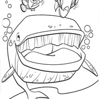 Desenho de Dory e Nemo fugindo do tubarão Bruce para colorir