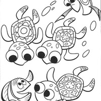 Desenho de Nemo e Dory nadando com as tartaruguinhas para colorir