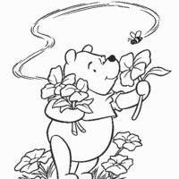 Desenho de Pooh colhendo flores no jardim para colorir