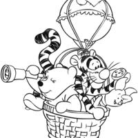 Desenho de Pooh e amigos voando no balão para colorir