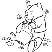 Desenho de Pooh e abelhas atacando pote de mel para colorir