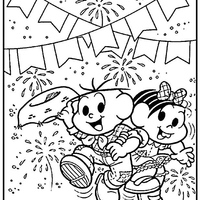 Desenho de Monica e Cebolinha dançando quadrilha para colorir