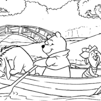 Desenho de Pooh, Leitão e Ió atravessando o rio para colorir