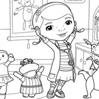 Desenho de Doutora Brinquedos dançando com amigos para colorir