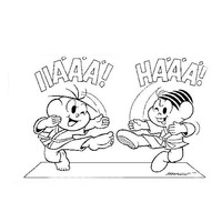 Desenho de Monica e Cebolinha lutando caratê para colorir