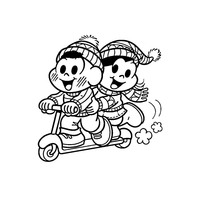 Desenho de Magali e Cascão andando de patinete para colorir