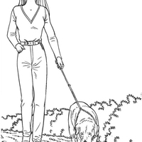 Desenho de Barbie passeando com cachorro para colorir