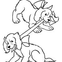 Desenho de Cachorrinhos puxando laço de fita para colorir