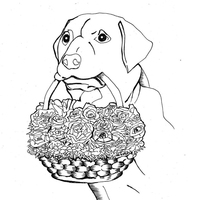 Desenho de Cachorro carregando cestinha de flores para colorir