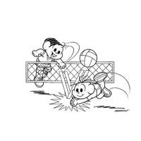 Desenho de Monica e Cebolinha jogando voleibol para colorir