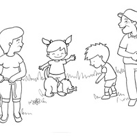 Desenho de Família brincando com cachorro para colorir