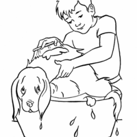 Desenho de Menino dando banho no cachorro para colorir