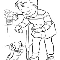 Desenho de Menino dando comida a cachorro para colorir