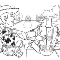 Desenho de Woody e Buzz Lightyear abraçados para colorir