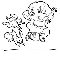 Desenho de Dora Aventureira brincando com coelhinhos para colorir