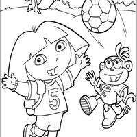 Desenho de Dora Aventureira e Botas jogando bola para colorir