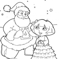 Desenho de Dora Aventureira conversando com Papai Noel para colorir