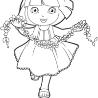 Desenho de Dora com ramo de flores para colorir