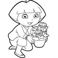 Desenho de Dora cuidando das flores para colorir