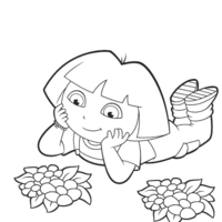 Desenho de Dora deitada no jardim florido para colorir