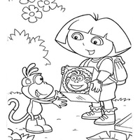 Desenho de Dora dando caixa a Botas para colorir