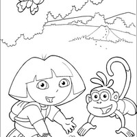 Desenho de Dora e Botas brincando no jardim para colorir