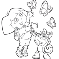 Desenho de Dora e Botas caçando borboletas para colorir