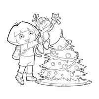 Desenho de Dora e Botas montando árvore de Natal para colorir