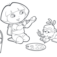 Desenho de Dora e Botas pintando ovos de páscoa para colorir