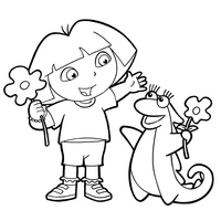 Desenho de Dora e Isa colhendo flores para colorir