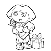 Desenho de Dora com presente de Natal para colorir