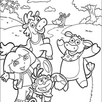 Desenho de Dora na floresta com amigos para colorir