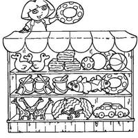 Desenho de Dora na loja de brinquedos para colorir