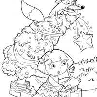 Desenho de Raposo e Dora derrubando árvore de Natal para colorir
