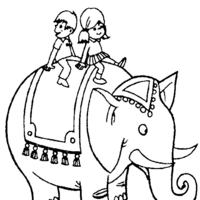 Desenho de Crianças montando elefante para colorir