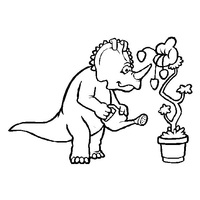 Desenho de Dinossauro cuidando da planta para colorir