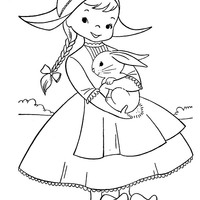 Desenho de Coelho no colo da menina para colorir