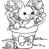 Desenho de Coelho no vaso de flores para colorir