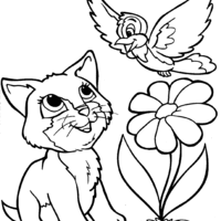 Desenho de Gato conversando com pássaro para colorir