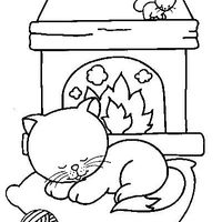 Desenho de Gato dormindo diante da lareira para colorir