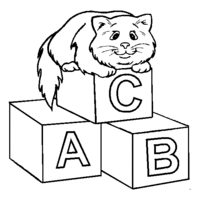 Desenho de Gato sobre blocos de letras para colorir