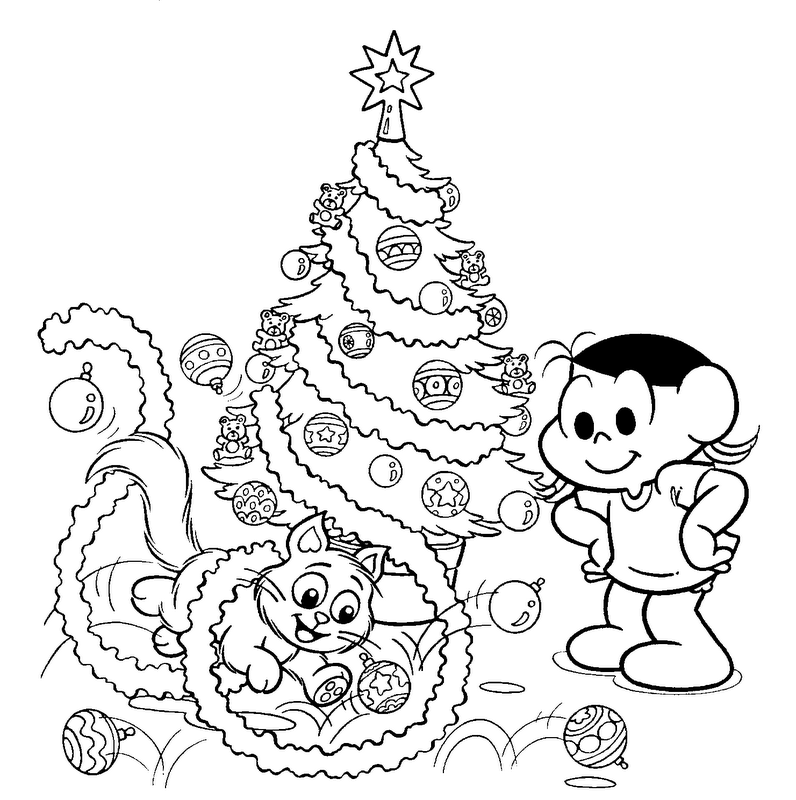 Desenho de Magali e Mingau montando árvore de Natal para colorir -  Tudodesenhos