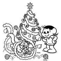 Desenho de Magali e Mingau montando árvore de Natal para colorir