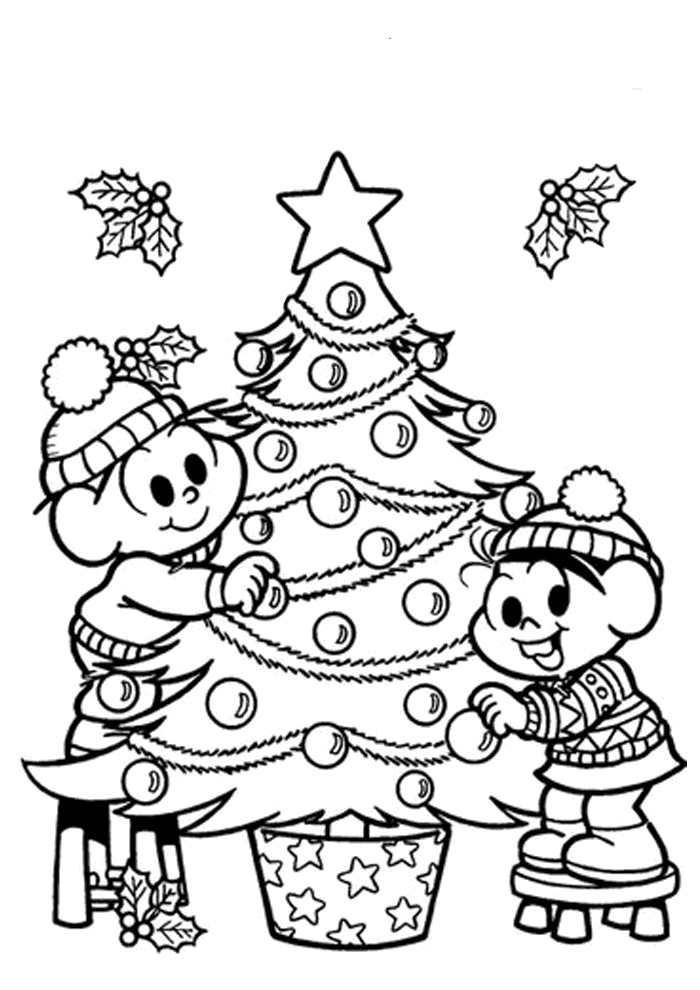 Desenho de Cebolinha e Monica montando árvore de Natal para colorir -  Tudodesenhos