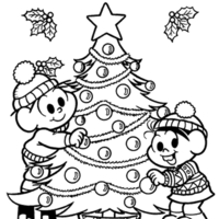 Desenho de Cebolinha e Monica montando árvore de Natal para colorir