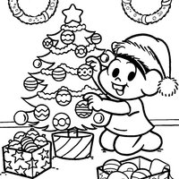 Desenho de Monica e árvore de Natal para colorir