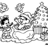 Desenho de Chico Bento no saco do Papai Noel para colorir