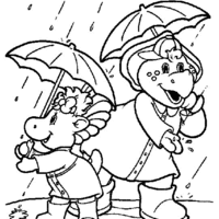 Desenho de Baby Bop e Bj na chuva para colorir