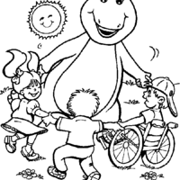 Desenho de Barney brincando de roda com amigos para colorir